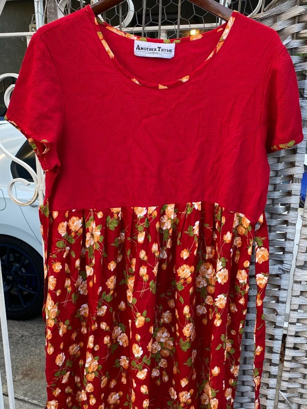 90s Another Thyme Red Crinkle Dress Flower Floral Skirt Vintage Phases Just Jazz